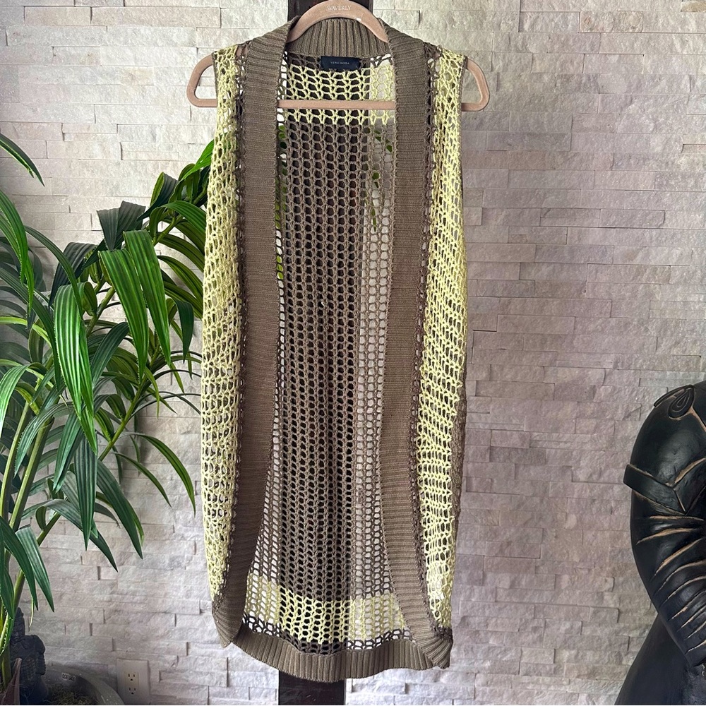 Vero Moda Green Colorblock Crochet “Linda Long Waistcoat” Boho Duster Size Large
